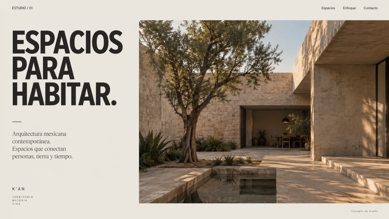 Arquitectura & espacios: concepto visual de una página, no un sitio desarrollado.